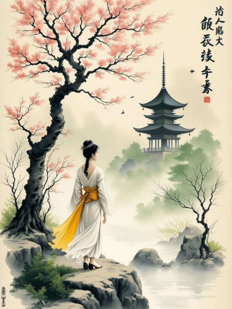 Surreal Japanese Landscape in Vintage Style