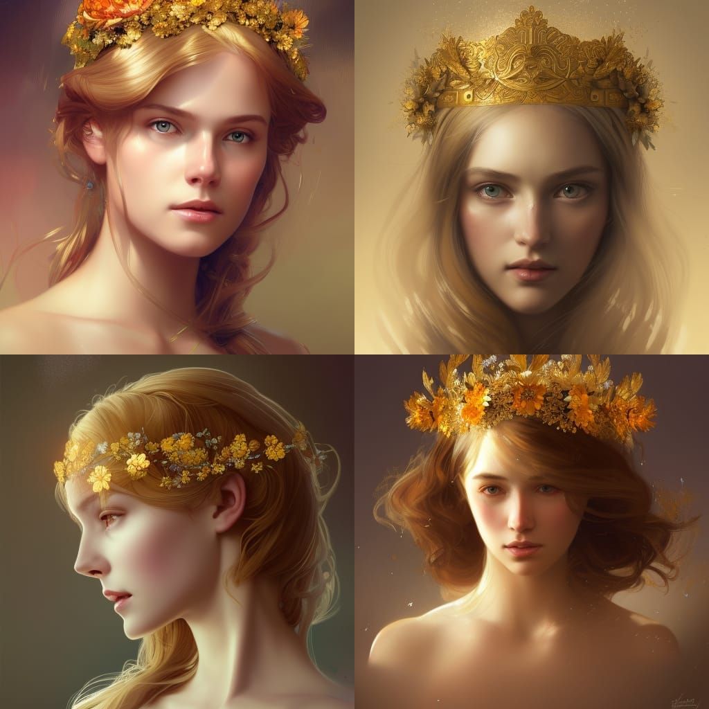 Golden Haired Queen with Flower Crown Portrait