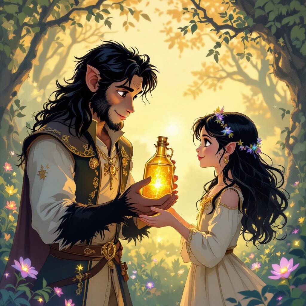 Prince Offers Golden Bottle to Girl in Fairy Tale Style