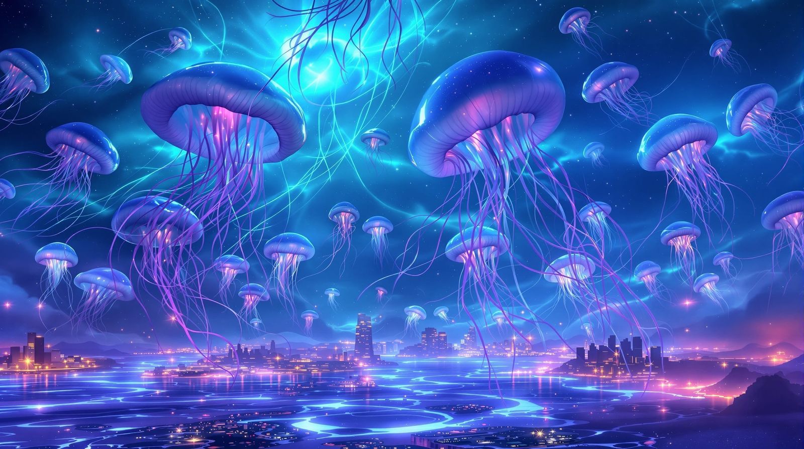 Neon Jellyfish Dance in Bioluminescent Cityscape