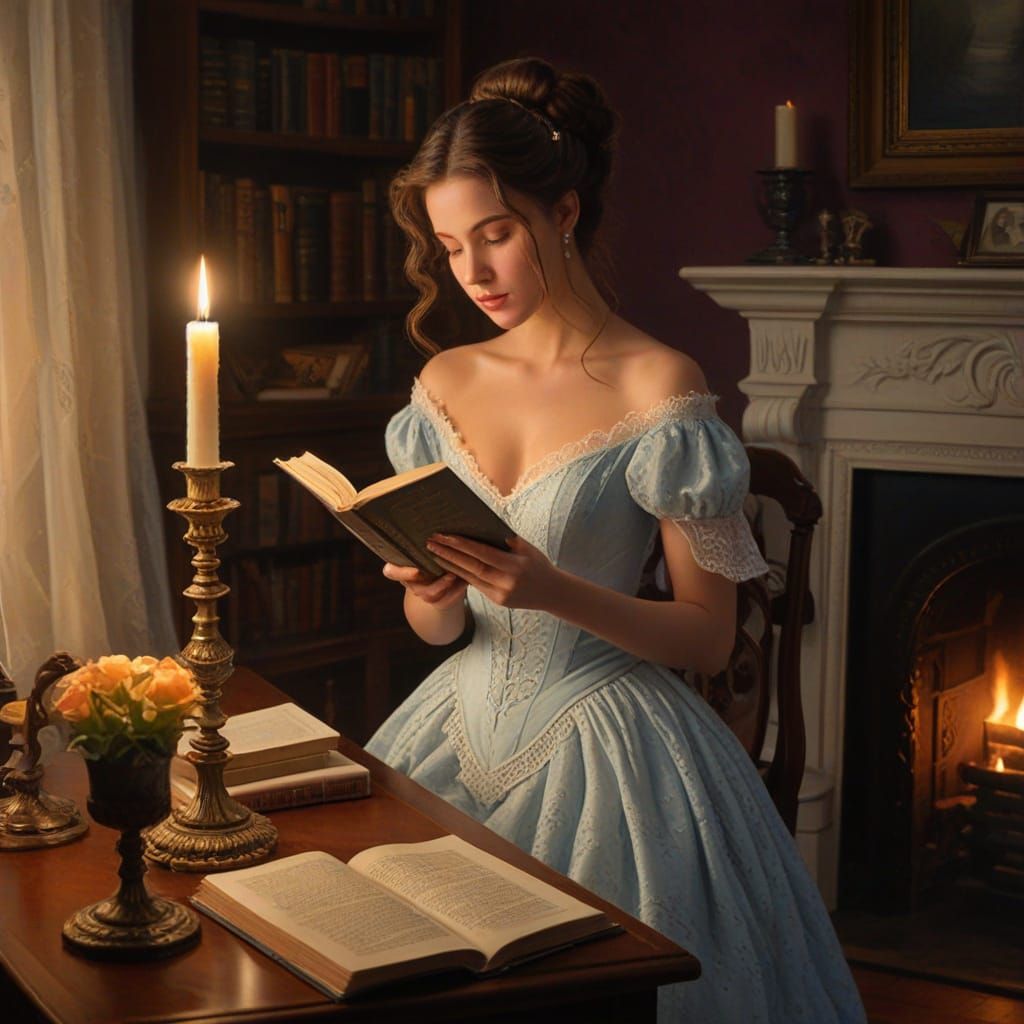 Victorian Woman Reading by Candlelight in Oil Painting Style