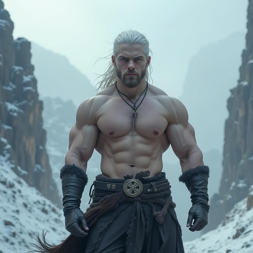 Muscular Man Posing in Fantasy Landscape, Matte Painting Sty...