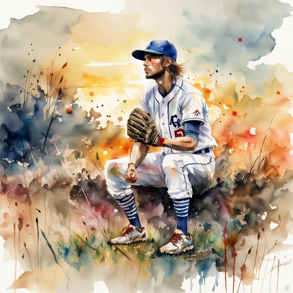 Watercolor Baseball Player in Spring Landscape