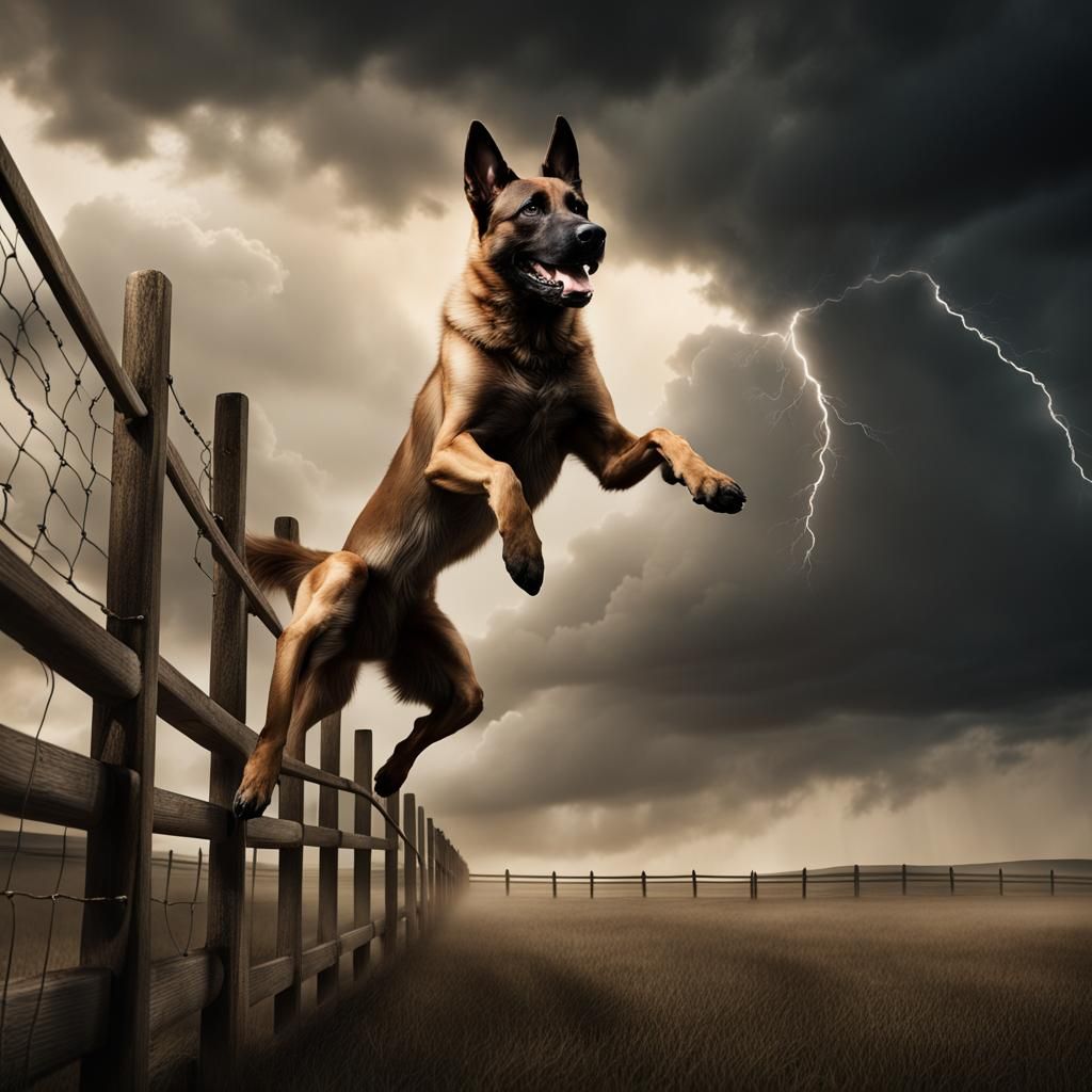 Belgian Malinois Jumps as Storm Approaches