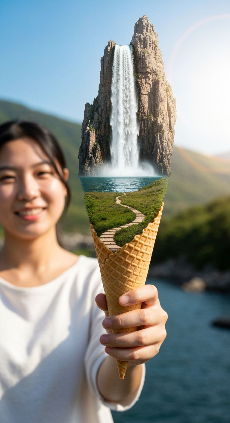 Surreal Mountain Waterfall Inside Ice Cream Cone