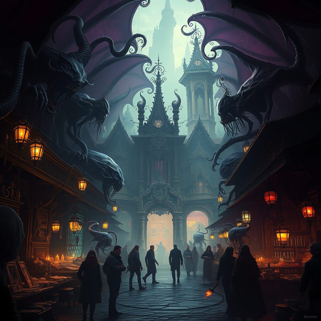 Dark, Twisted Marketplace Under Ominous Skies