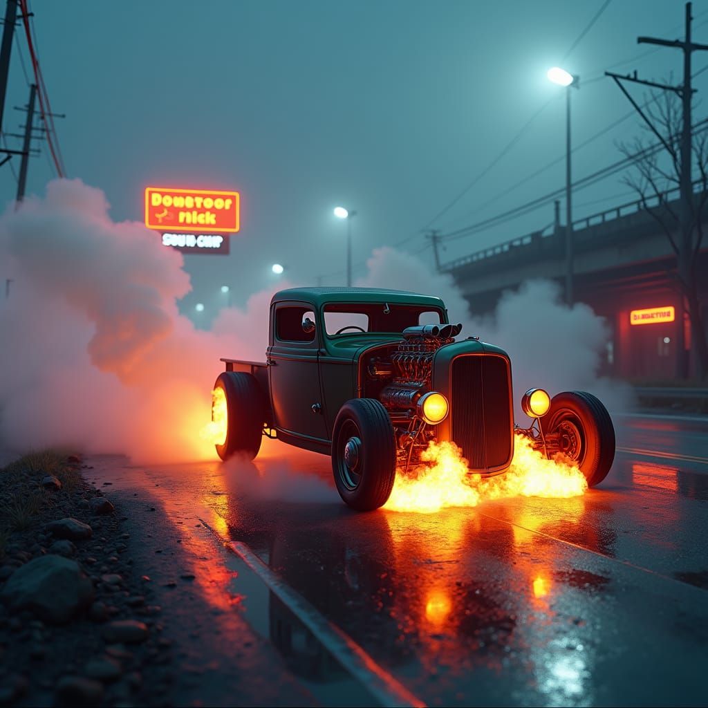 Cyberpunk Rat Rod Burnout on Abandoned Highway