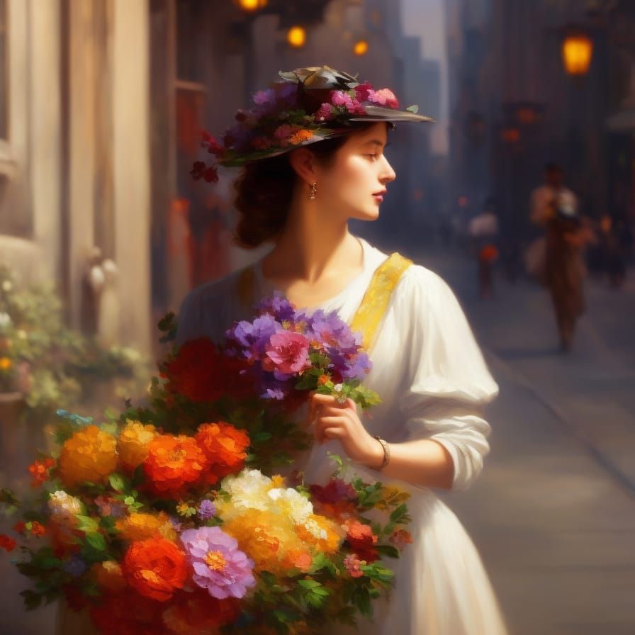 Flower Seller in Art Nouveau Impressionist Style