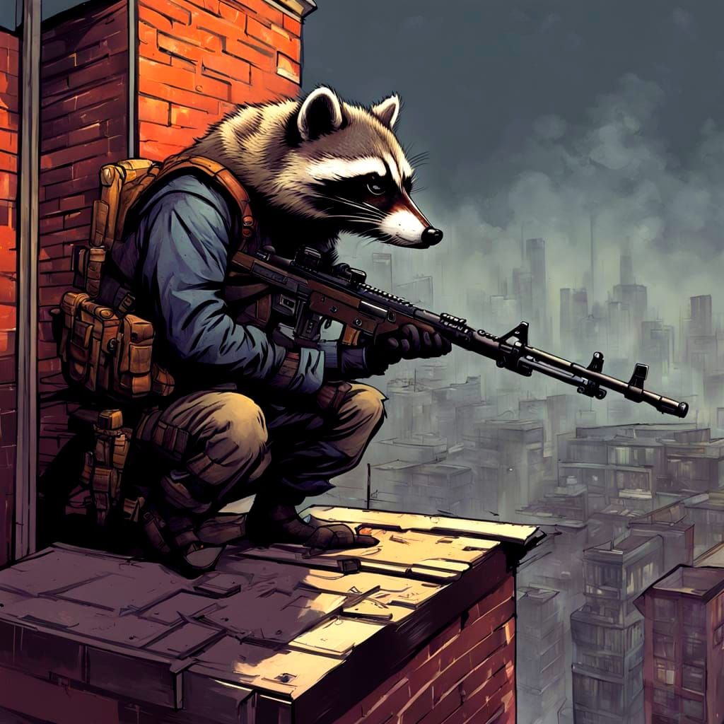 Sinister Raccoon Sniper on Rooftop