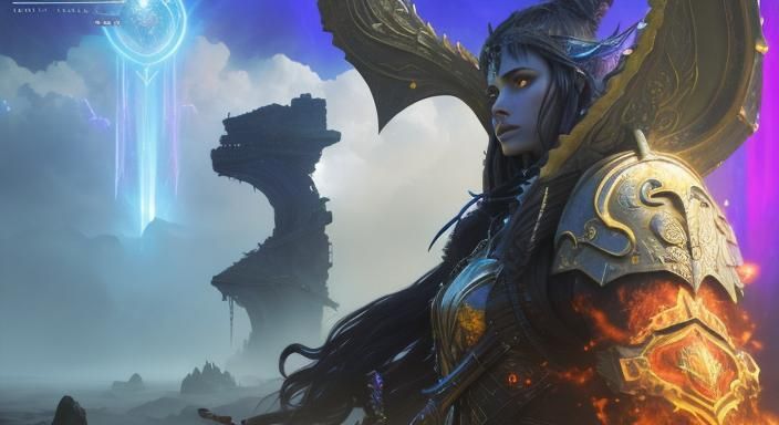 Warrior Woman in Sci-Fi Ruins, Oil Painting Style