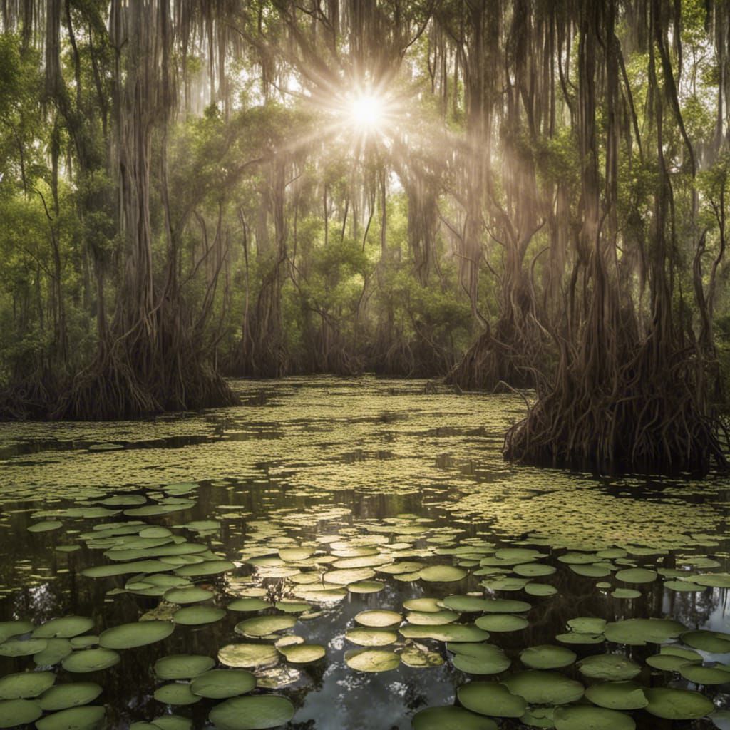 Sunlit Swamp with Cypress, Mangrove, and Crocodile