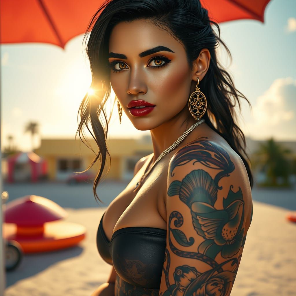 South Florida Woman with Tattoos in Futuristic Style