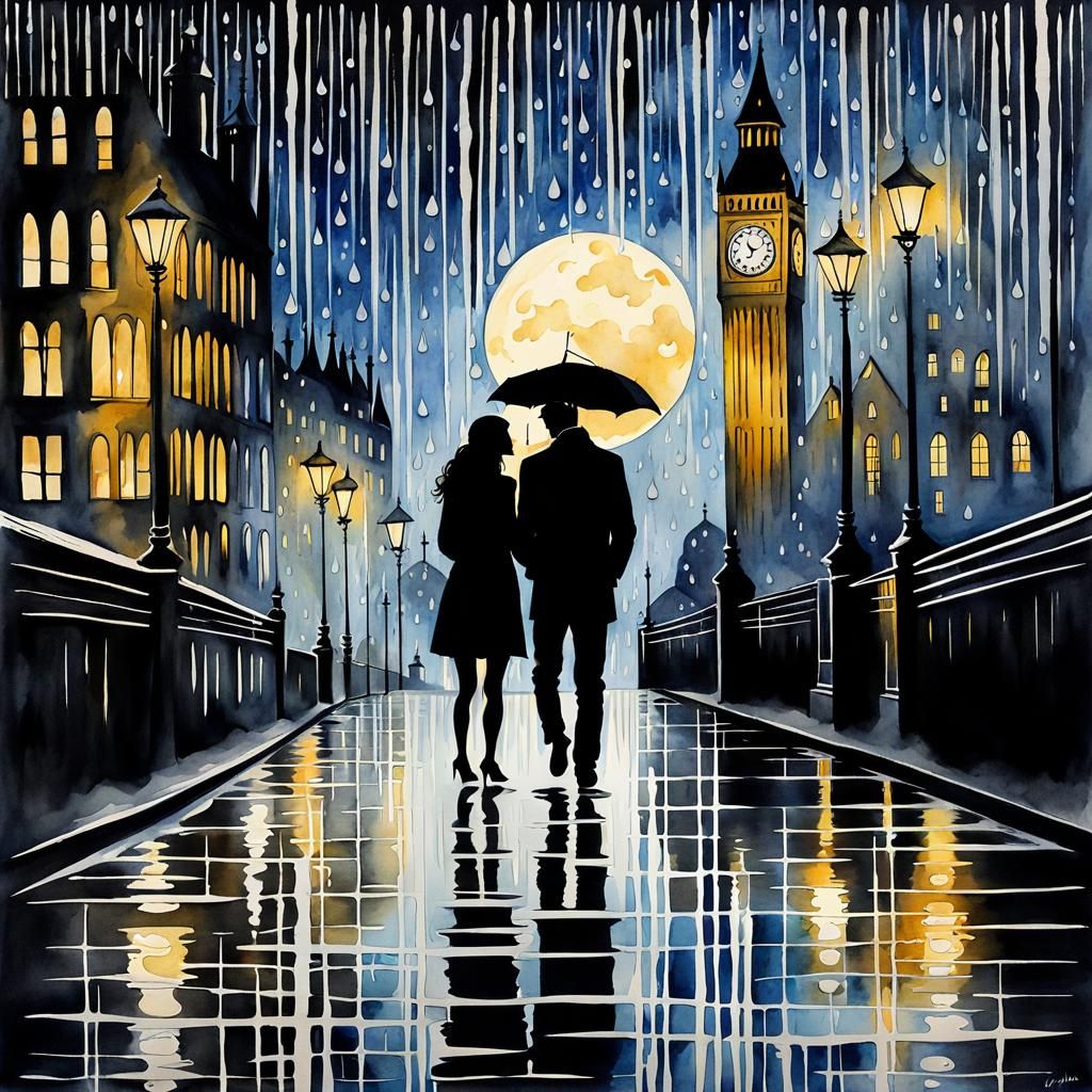 Rainy Night in London Watercolor Ink Art