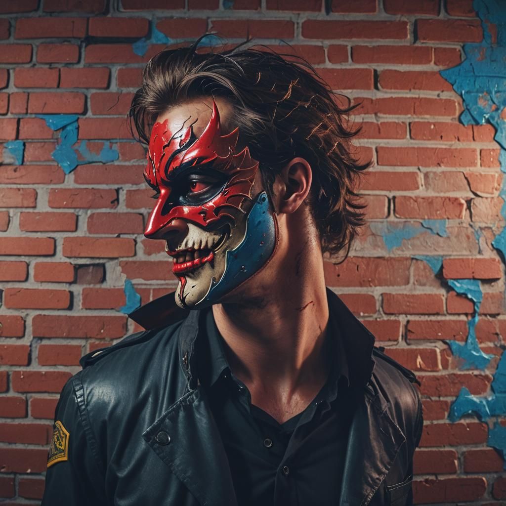 Man with Devil Mask in Police Lights