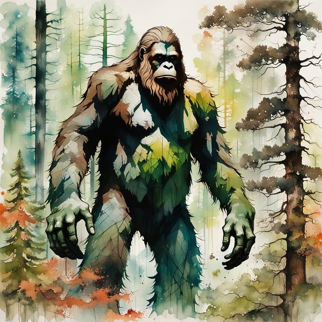 Bigfoot Double Exposure Portrait in Watercolor Style