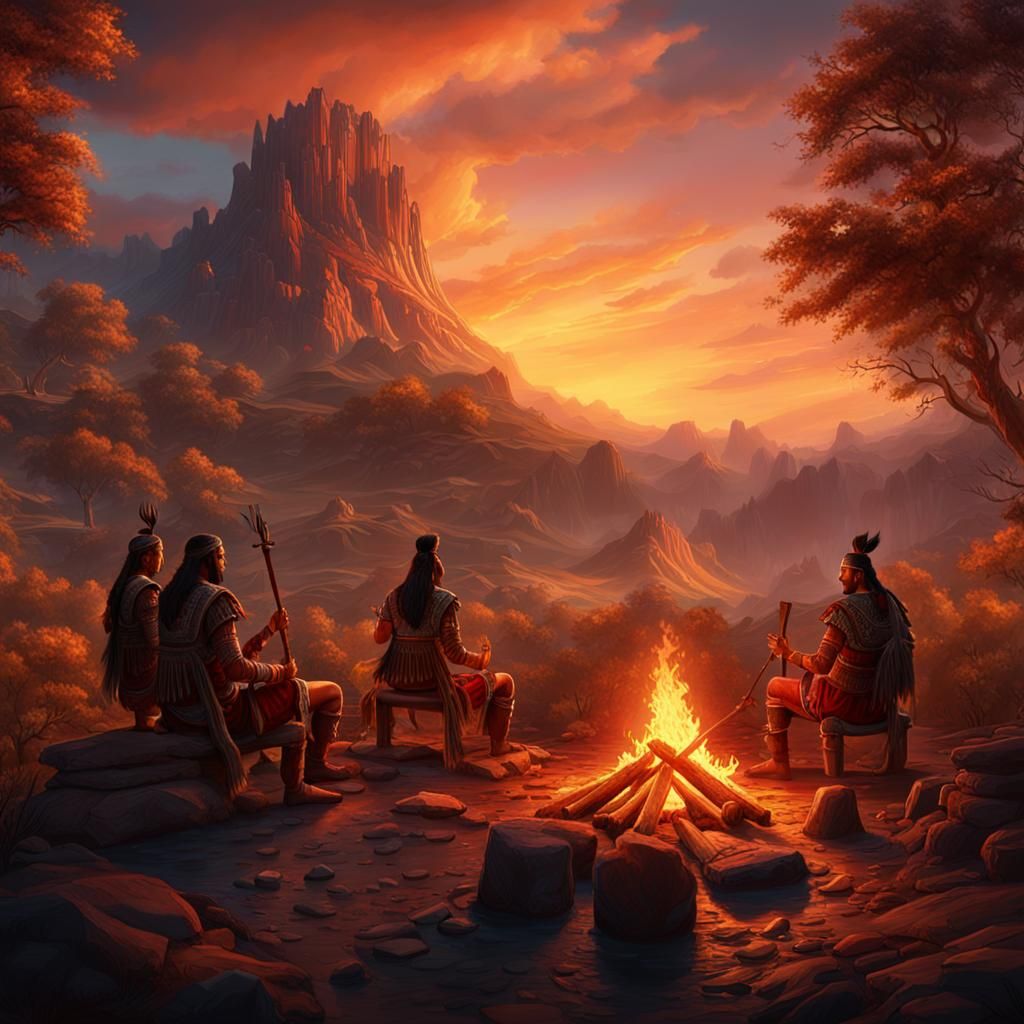 Indigenous People at Campfire in Fantasy Sunset