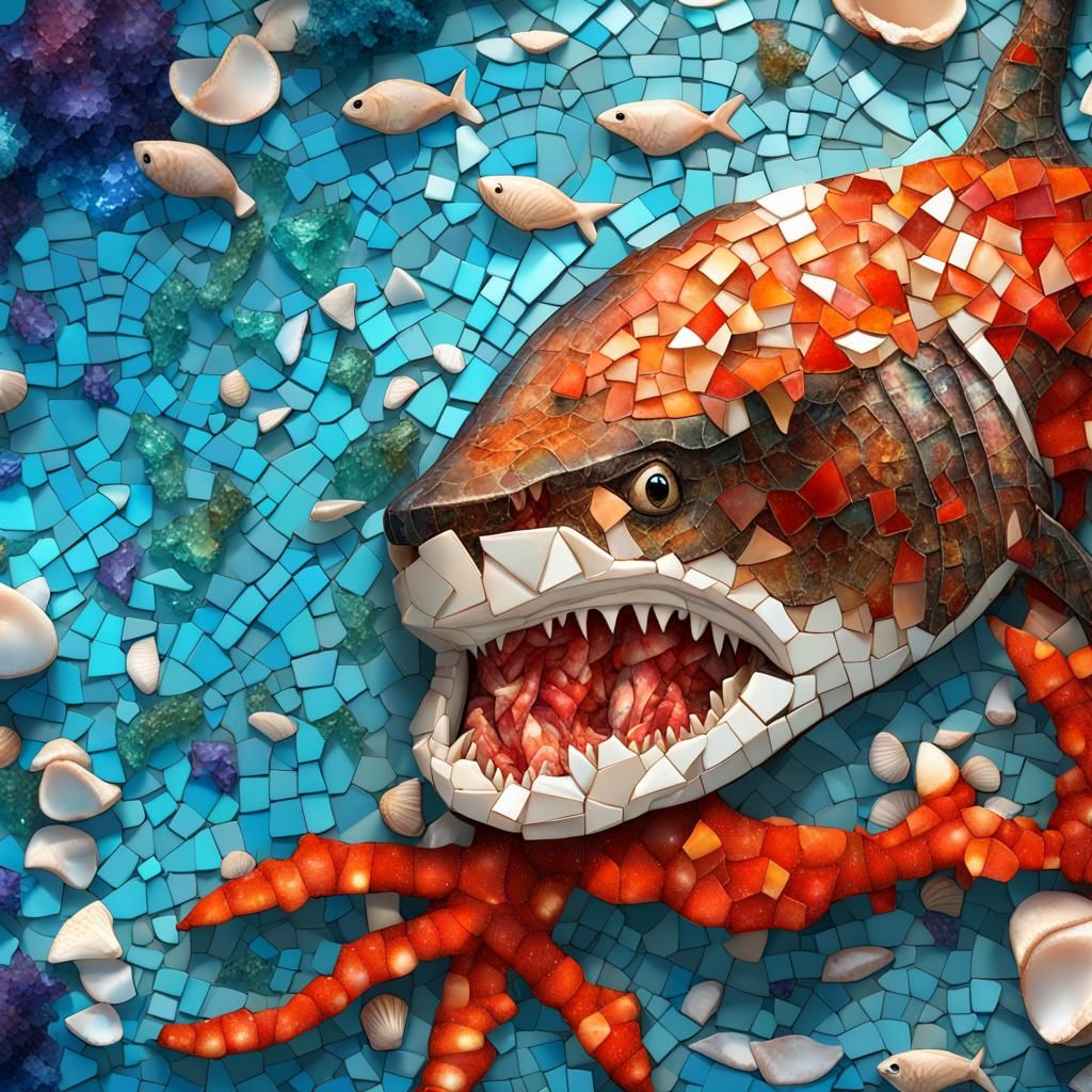 Arctic Ocean Mosaic Featuring Salmon Shark and King Crab