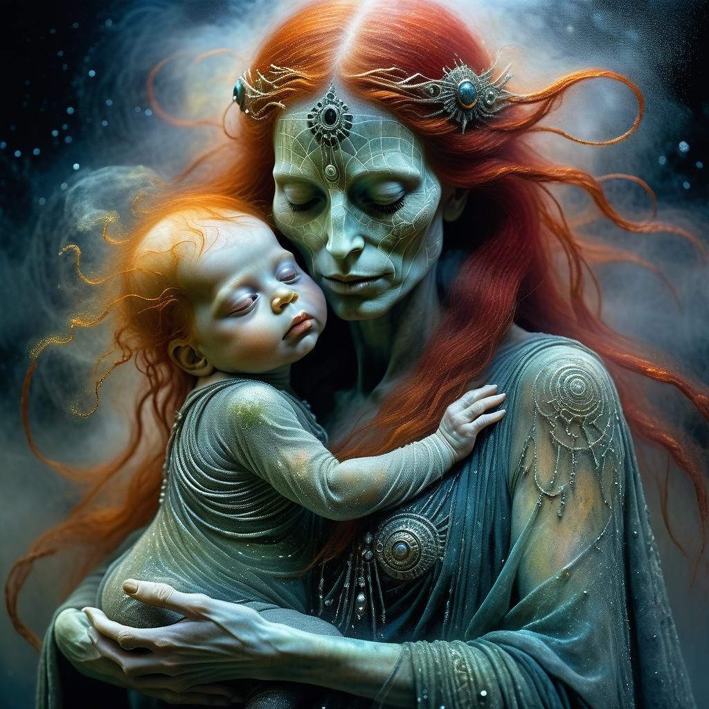 Luminous Mother and Child in Psychedelic Style