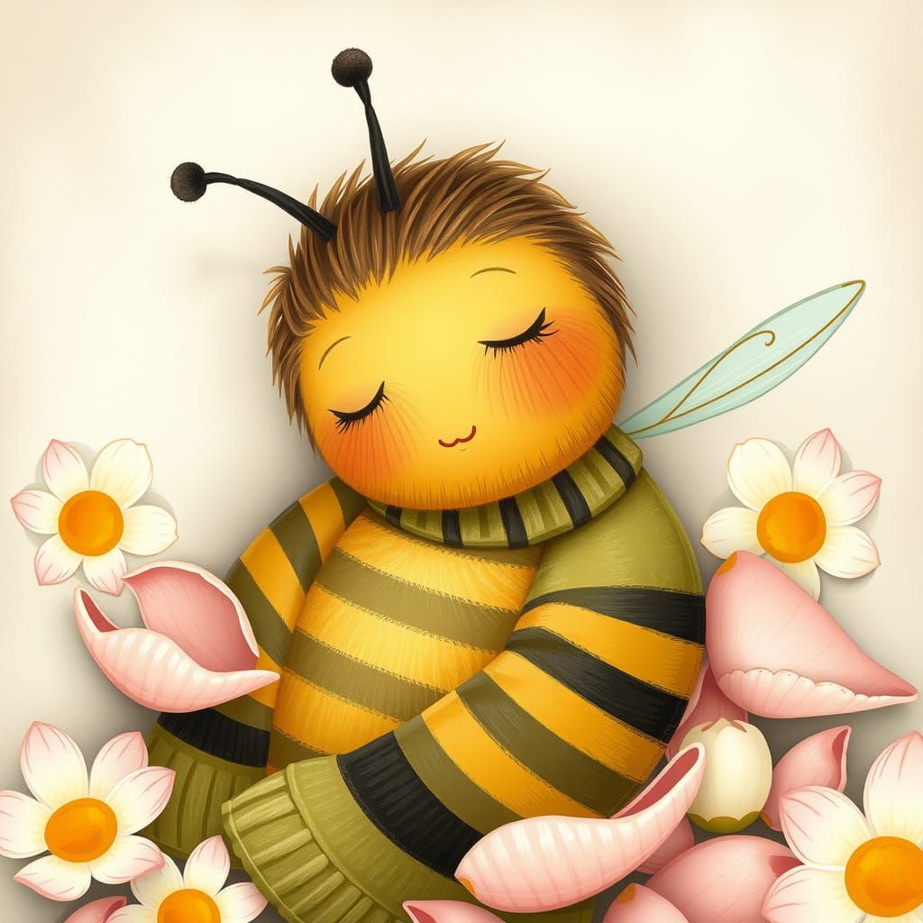 Sleepy Bee in Flower Bed, Whimsical Cartoon Style