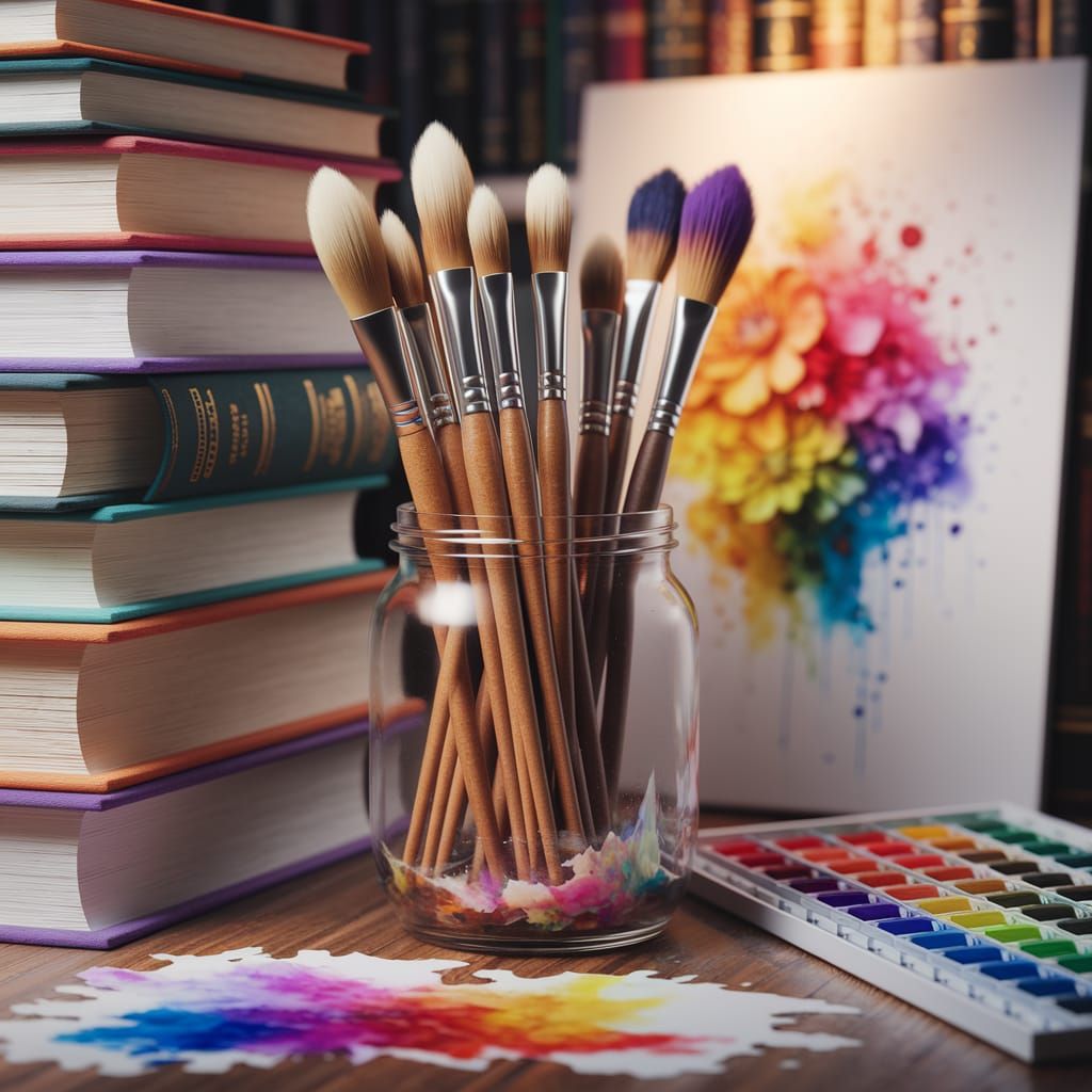 Artist's Workspace Sanctuary with Vibrant Brushes and Colors