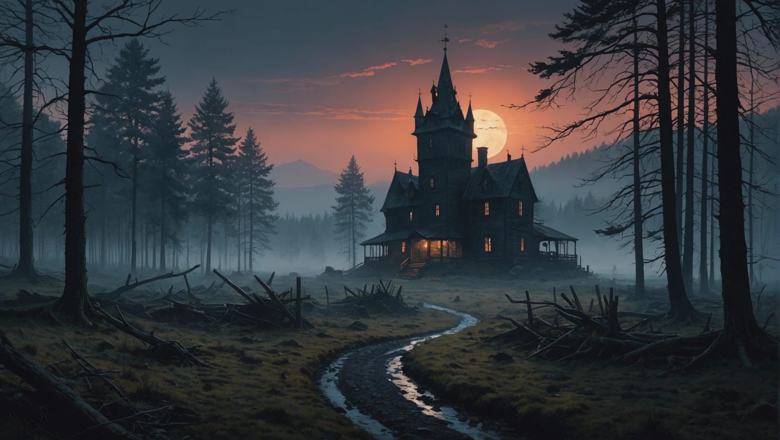 Eerie Misty Landscape in Watercolour Painting Style