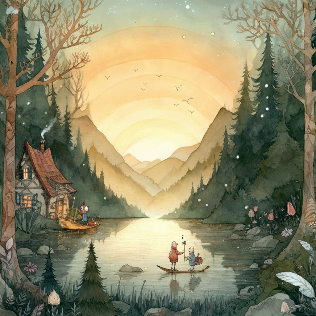 Magical Dawn Over Mountain Lake, Whimsical Illustration