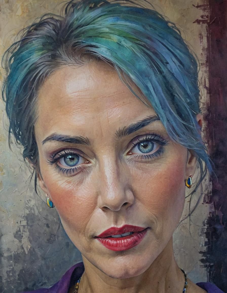 Charming Lady Portrait with Expressive Eyes as Impasto Paint...