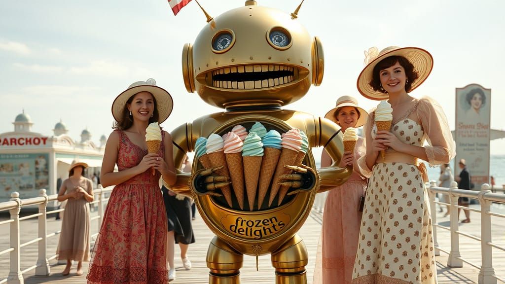 Edwardian Women Buy Ice Cream from Brass Robot