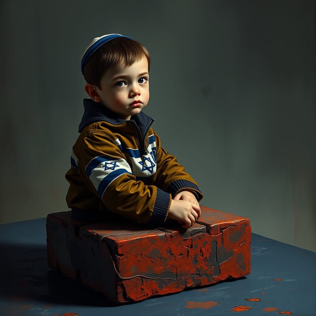 Boy in Earthy Tones, Wearing Kippah, on Weathered Brick
