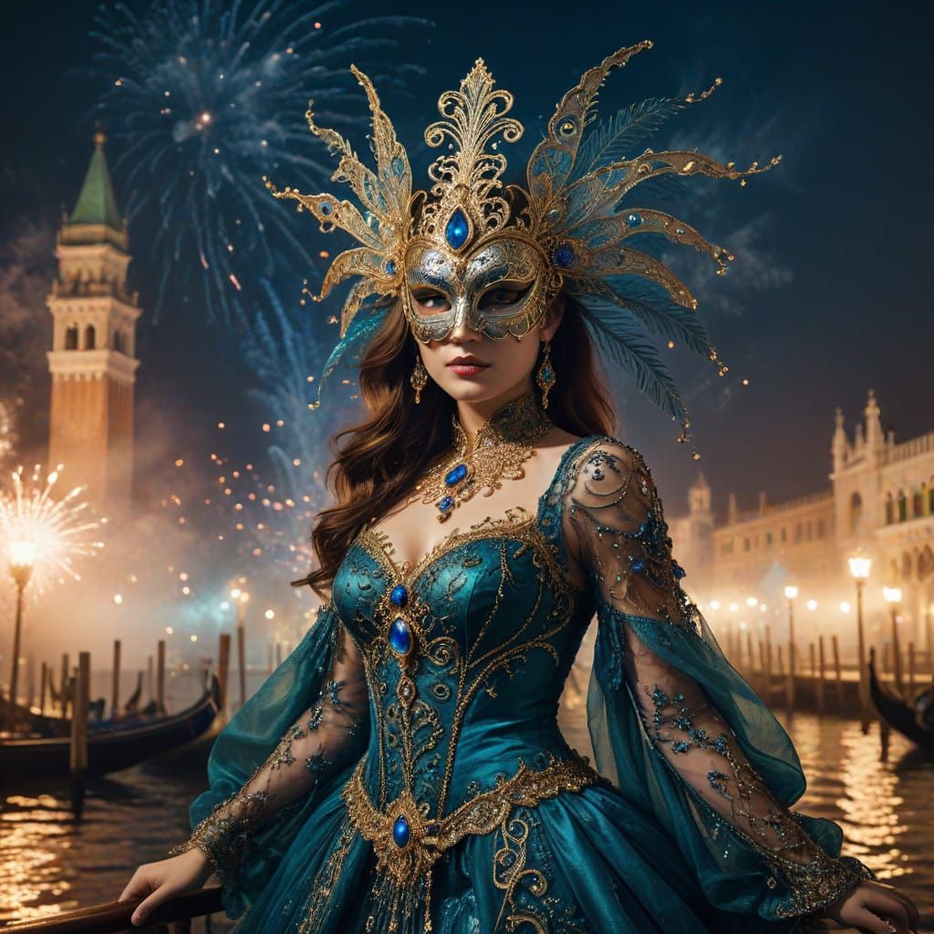 Mysterious Woman in Jewel-Toned Gown at Nighttime Venice Mas...