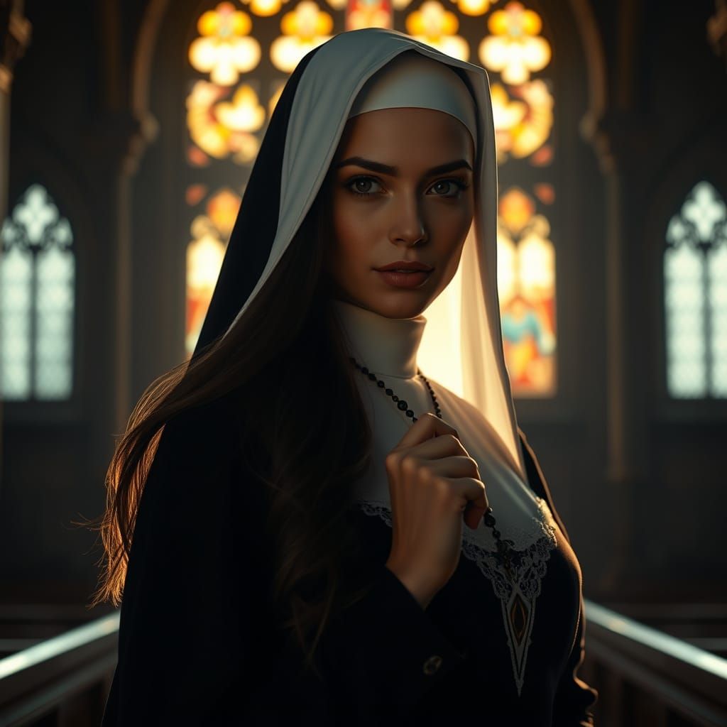 Confident Nun Posed in Gothic Chapel