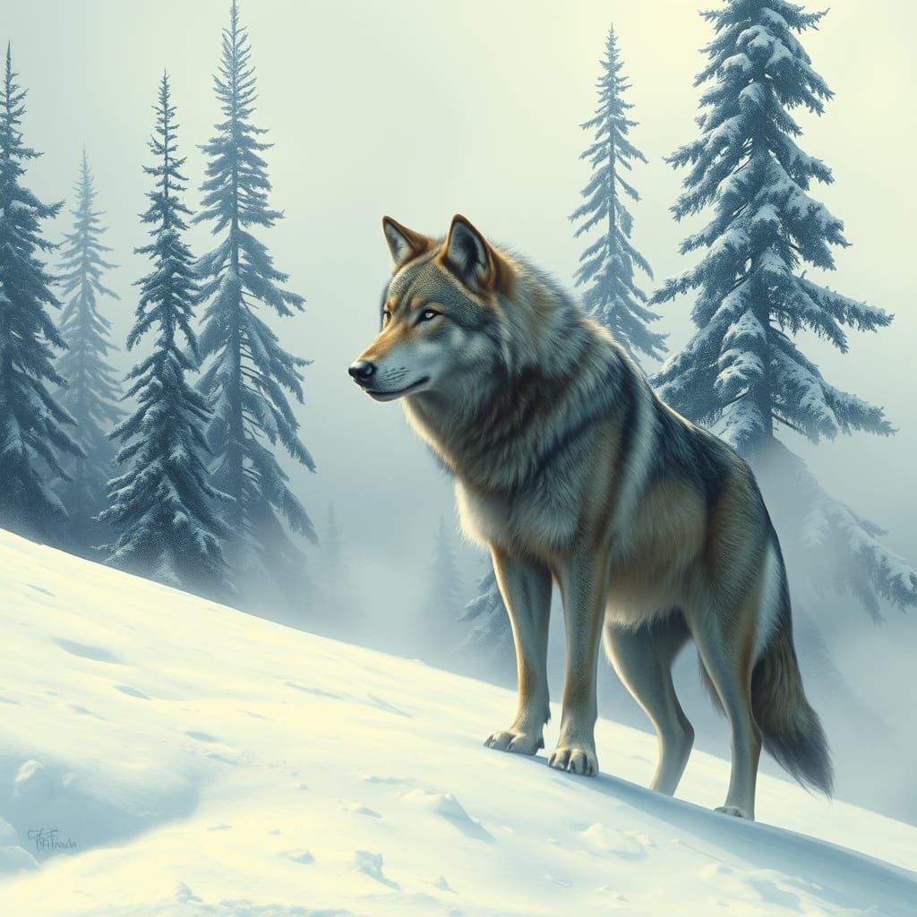 Majestic Wolf in Winter Wonderland, in Cyberpunk-Inspired Re...