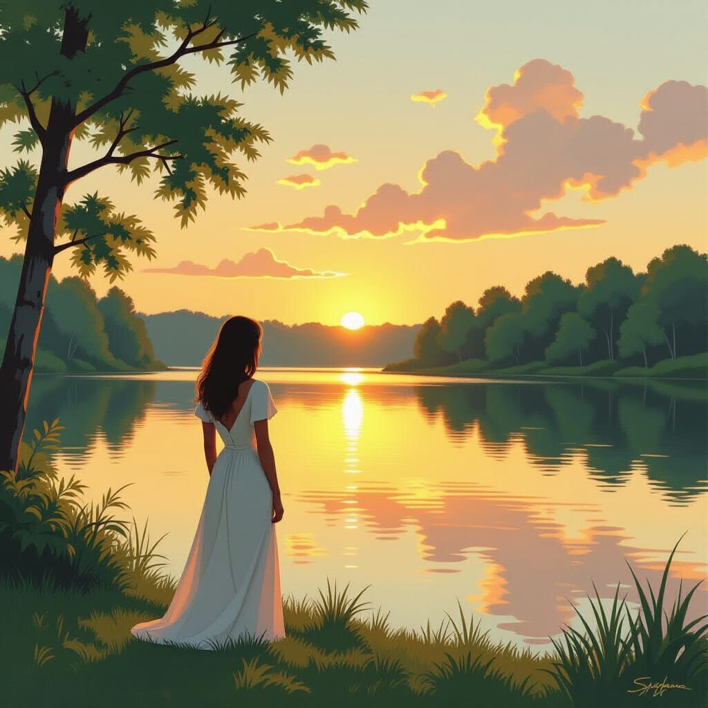 Woman Gazing at Sunset Lake: Fantasy Art