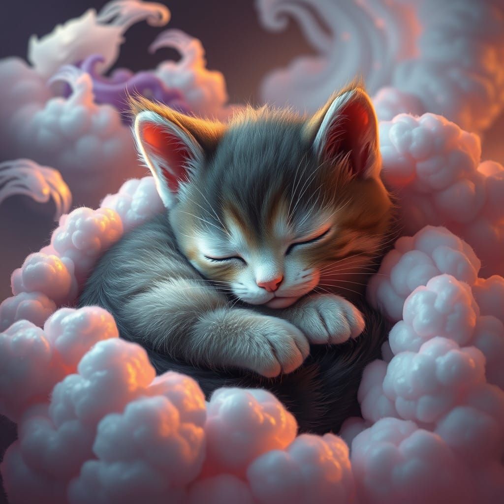 Dreamy Kitten Slumber in Vibrant, Fantastical Landscapes