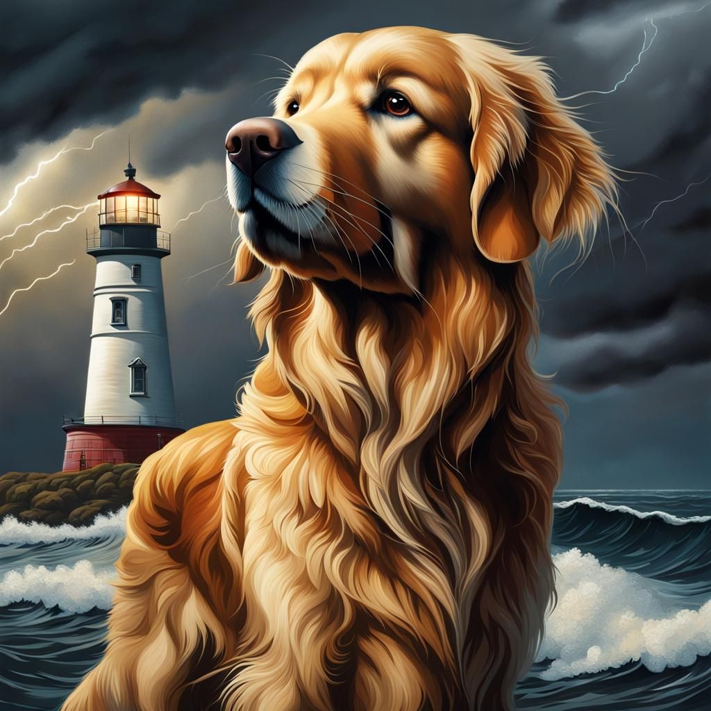 Golden Retriever Watching Stormy Sea: Hyperrealistic Splash ...