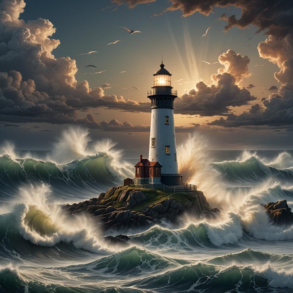Lighthouse Under Twilight Attack: Hyperrealistic Acrylic Art