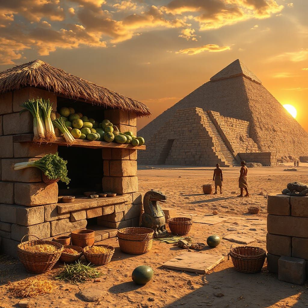 Egyptian Farmstand at Pyramid Base, Sunset Glow