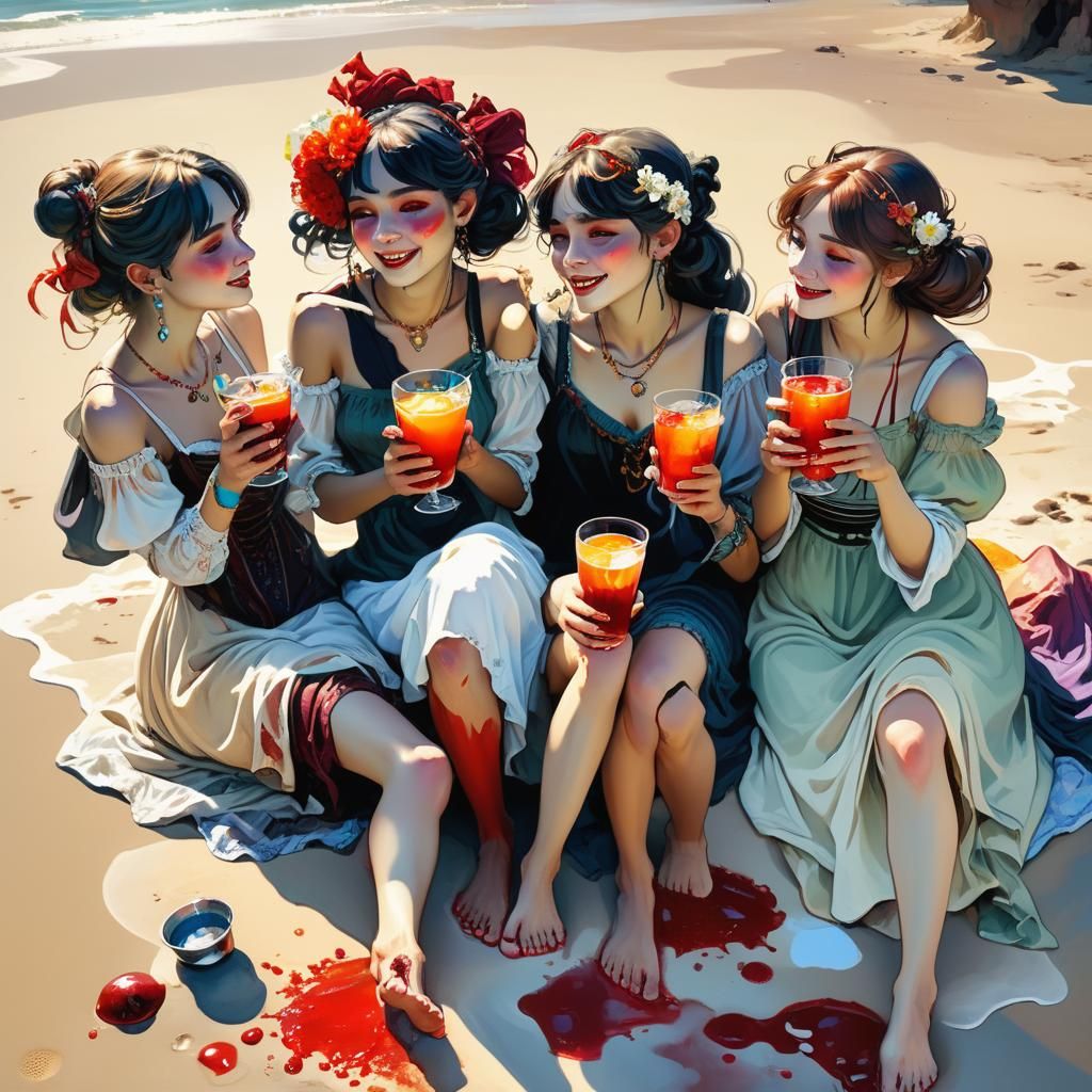 Sisters on Beach in Dark Fantasy Art Nouveau Style