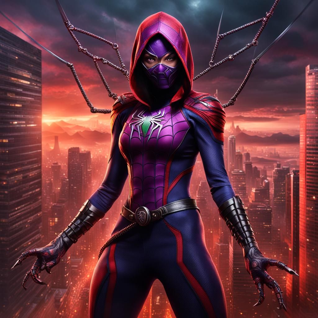 Spider-Woman Ninja with Oni Mask: Digital Matte Painting