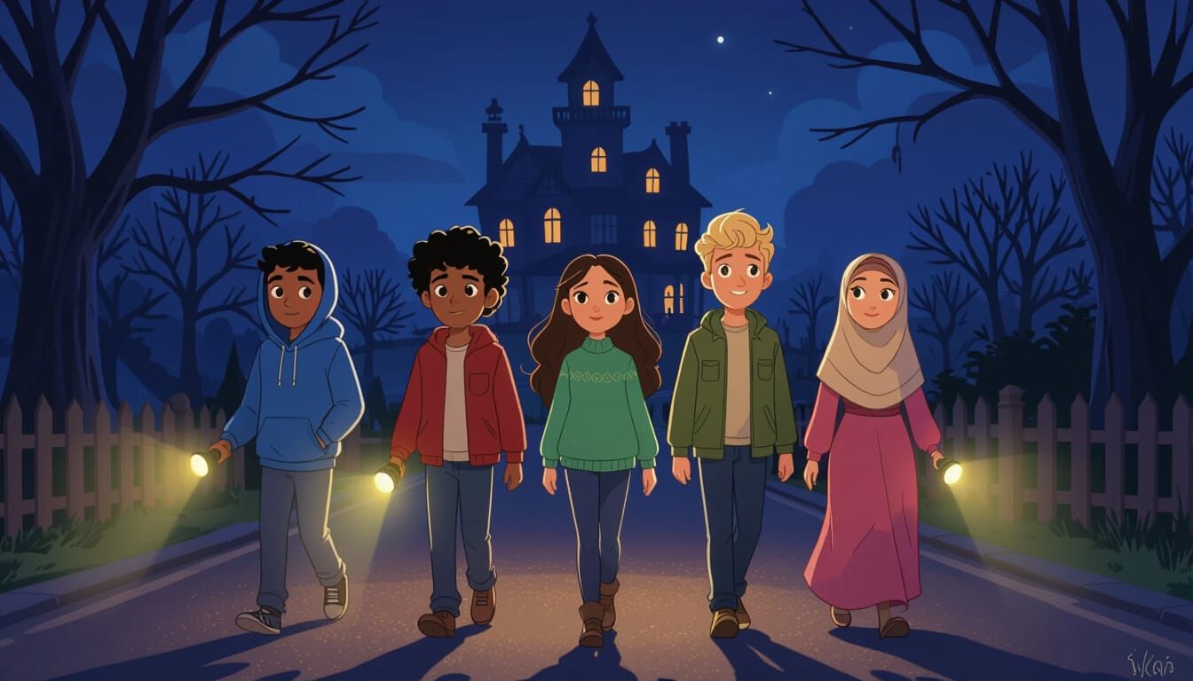 Five Friends on a Dark Road in Disney Pixar Style