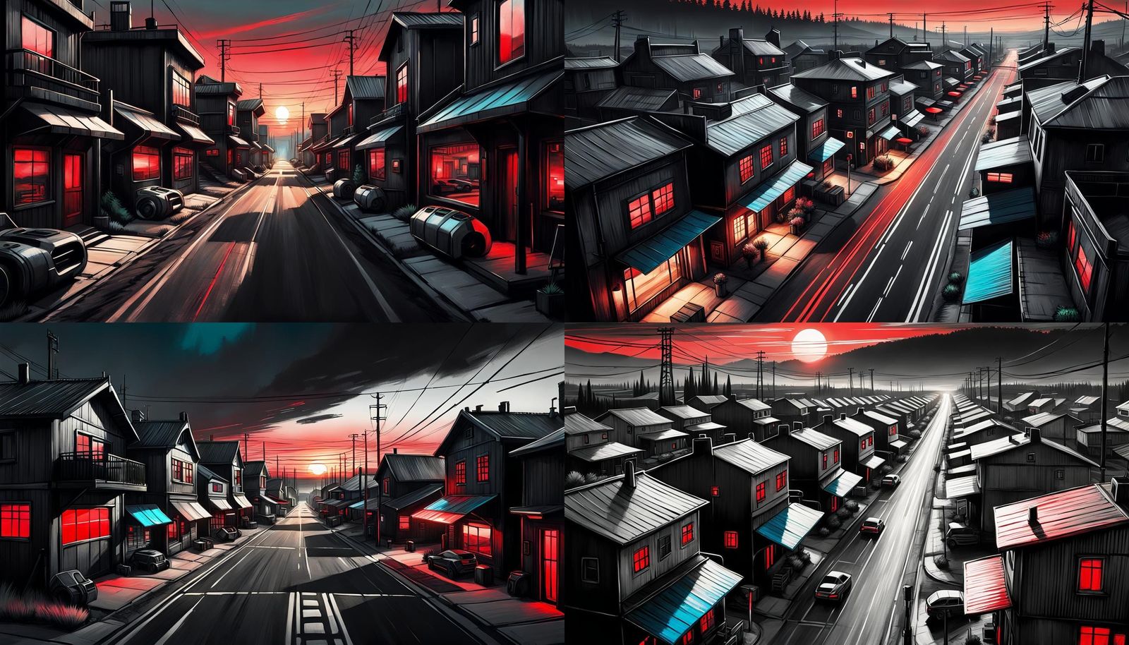 Futuristic Cyberpunk Town Street: Charcoal Sketch