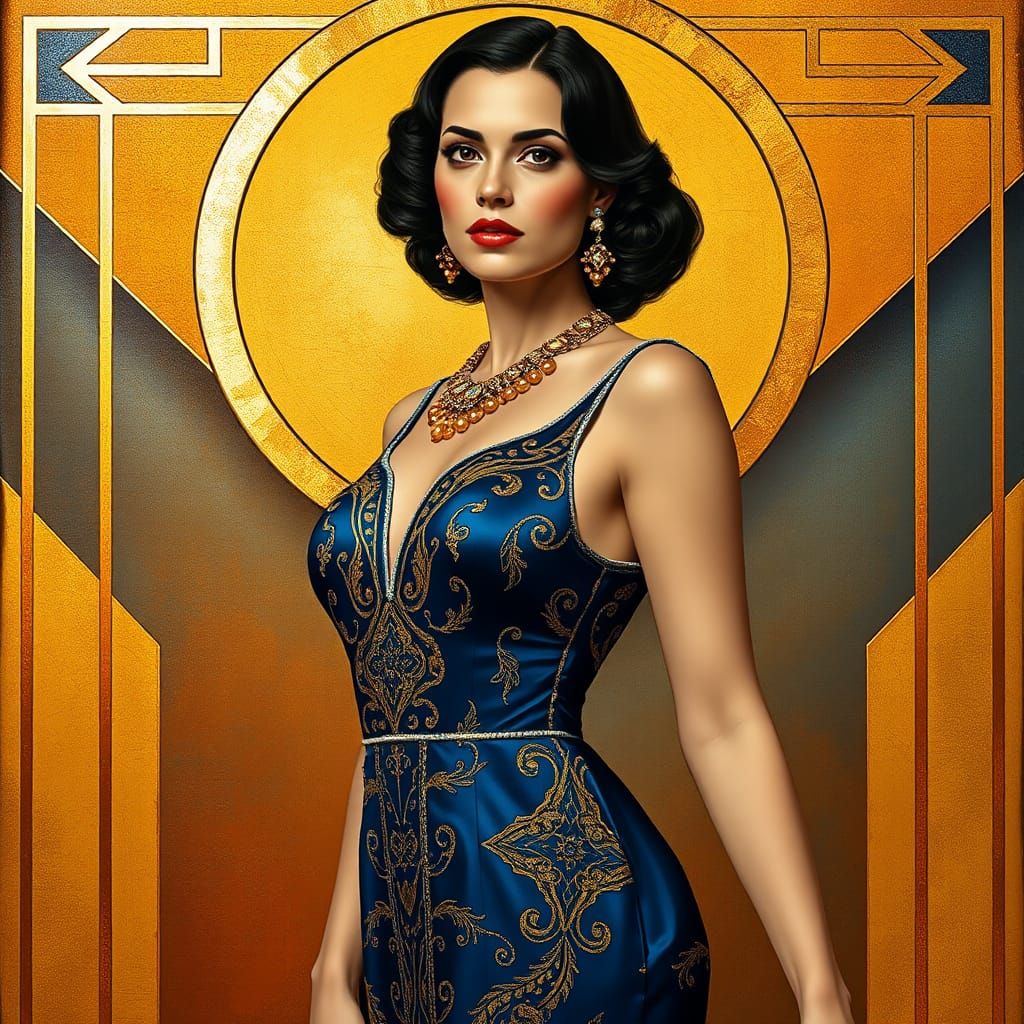 Elegant Art Deco Portrait of a Woman in Blue and Gold