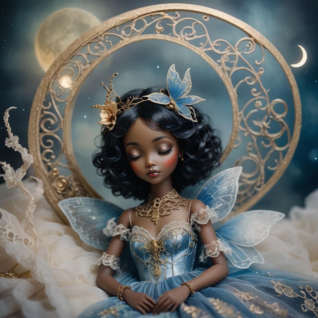 Dreamy Fairy on Crescent Moon in Pop Surrealism