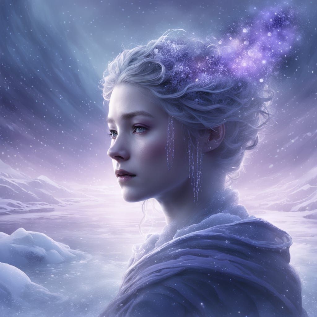 Ethereal Figure Glides on Frozen River in Lavender and Blue