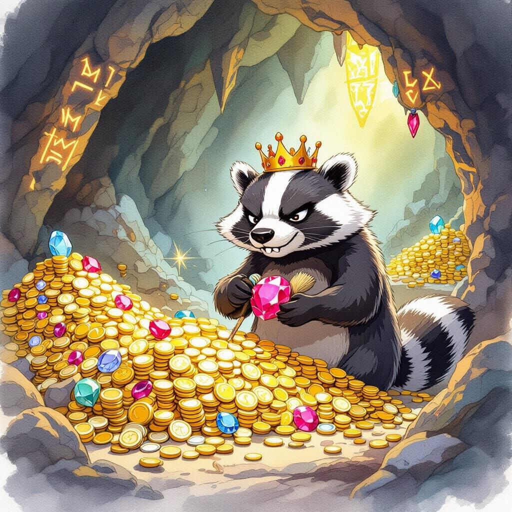 Grumpy Badger Guards Gemstone Cavern in Watercolor Style