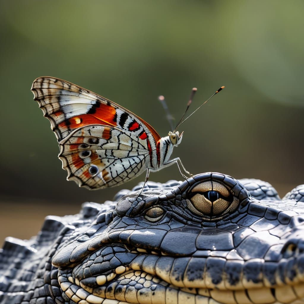 Vibrant Butterfly Perches on Crocodile's Head in Stunning Cl...