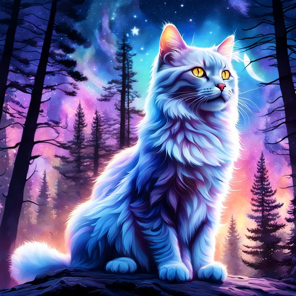 Elegant Cat with Nebulae in Dreamlike Forest