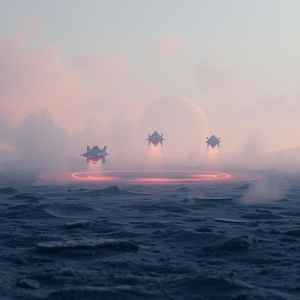 Pastel Spaceships Landing on Moon: Fantasy Concept Art