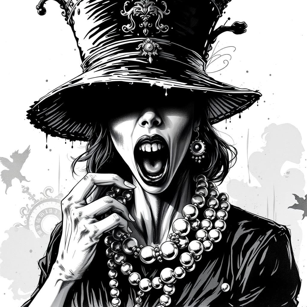 Woman Tearing Pearls in Black and White Ink Style