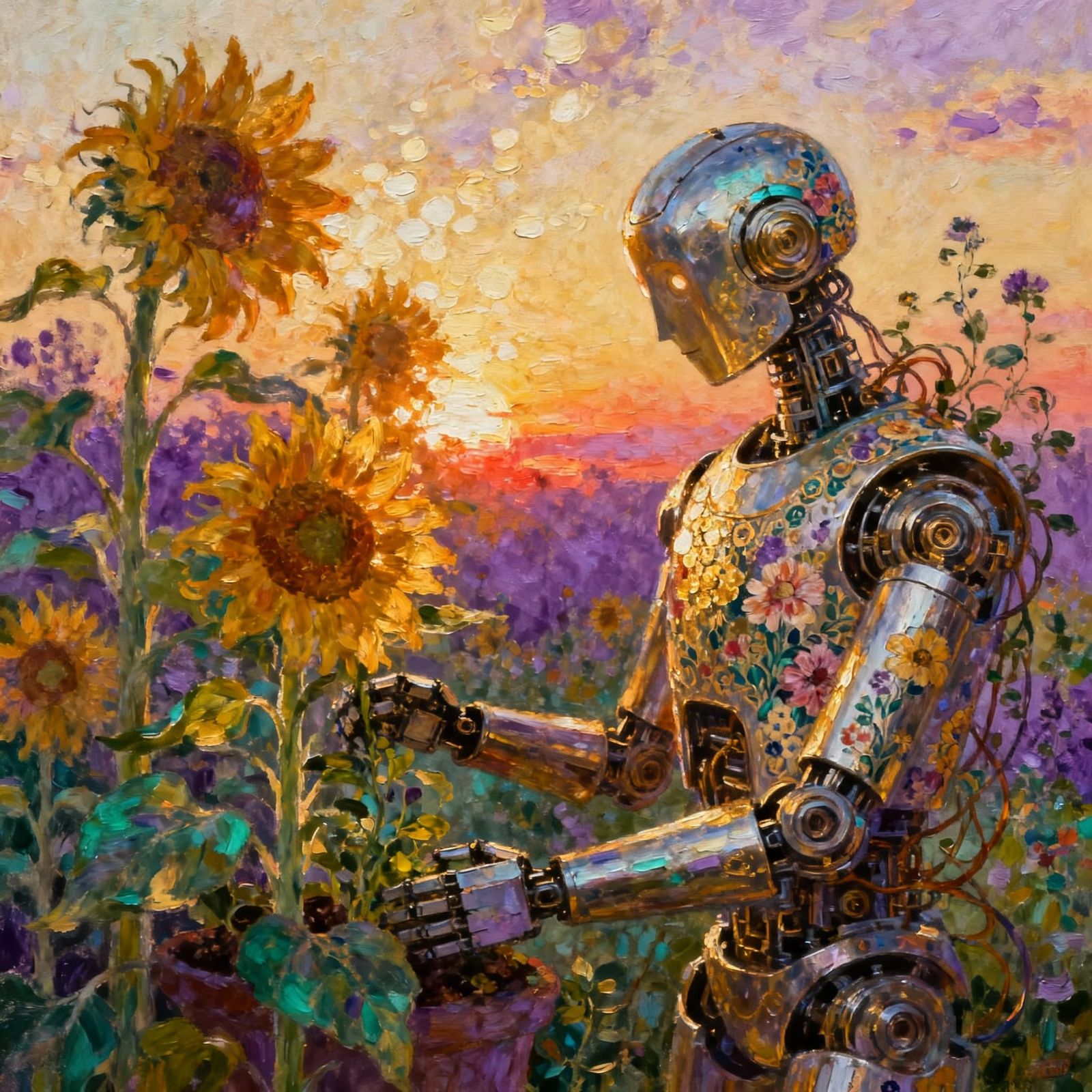 Whimsical Robot Tends Surreal Sunflowers in Impressionist St...